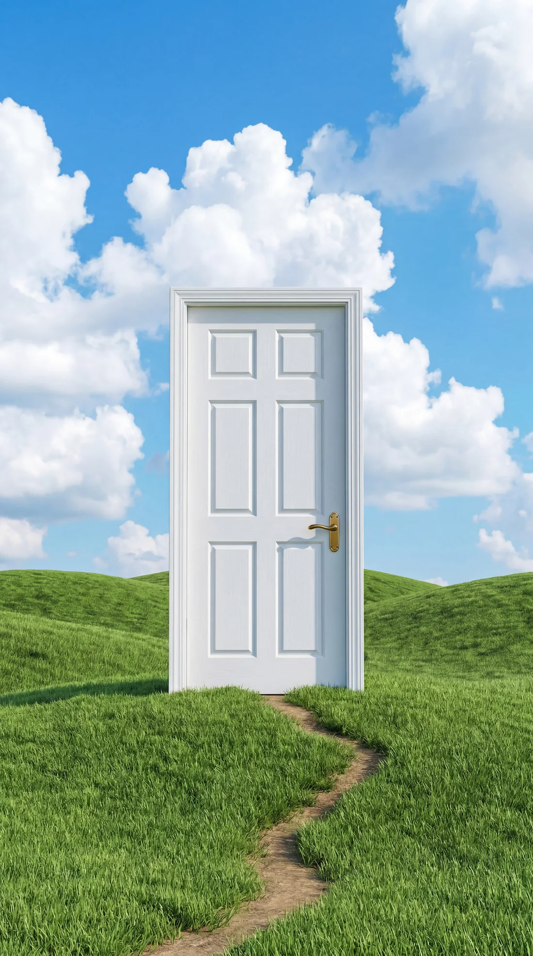A white door standing on a green field under a blue dreamlike sky.