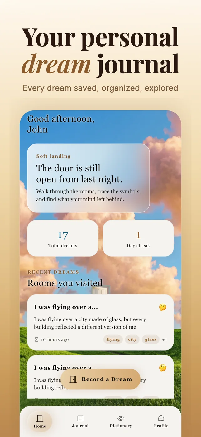 Somniar home screen with recent dreams and morning journal prompts.