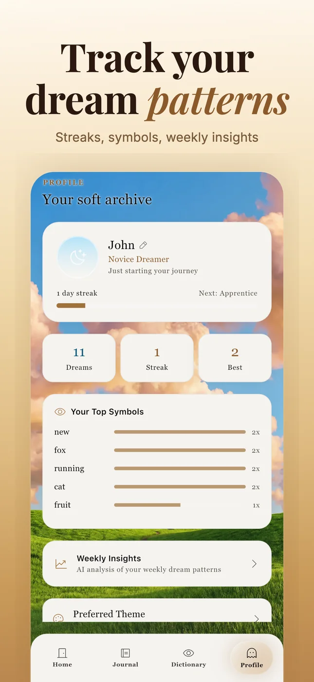 Somniar profile and weekly insights screen with mood and pattern tracking.